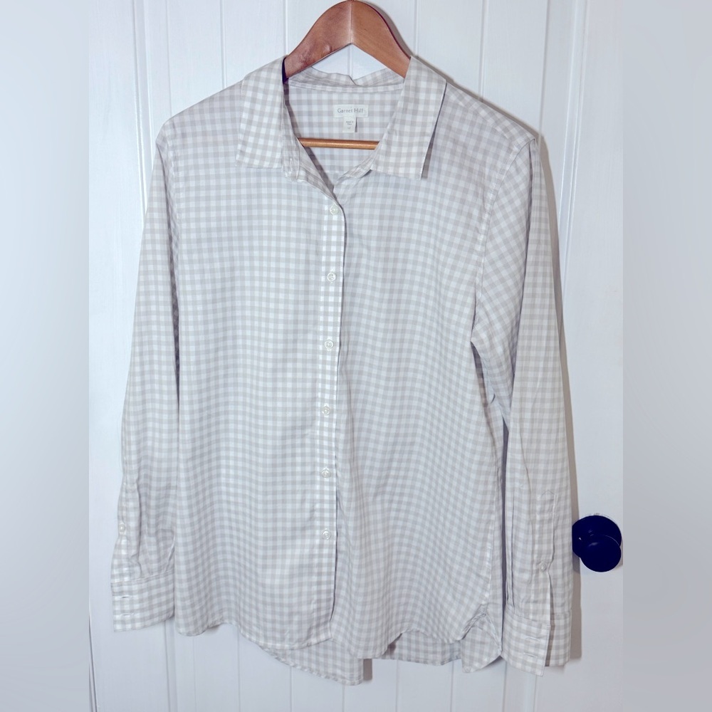 Garnet Hill Beige and White Gingham Button-Down Shirt